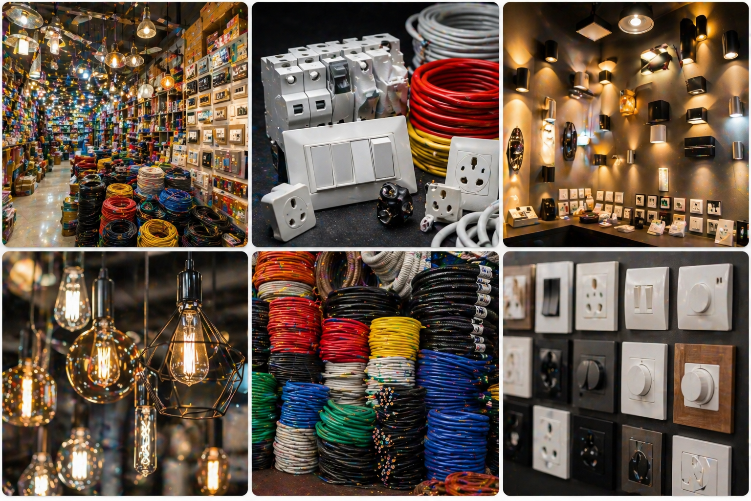 Lakshmi Electricals catalog overview — switches, MCBs, wires, decorative lighting, Edison bulbs, modular accessories