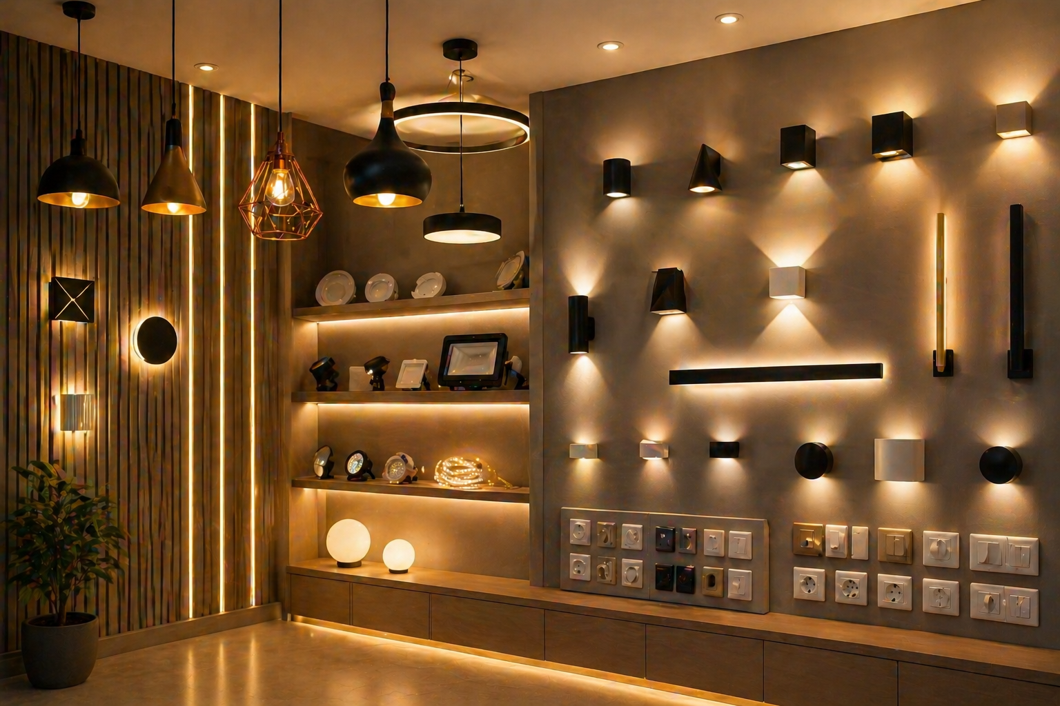 Lakshmi Electricals showroom — pendant lights, wall sconces, modular switches feature wall