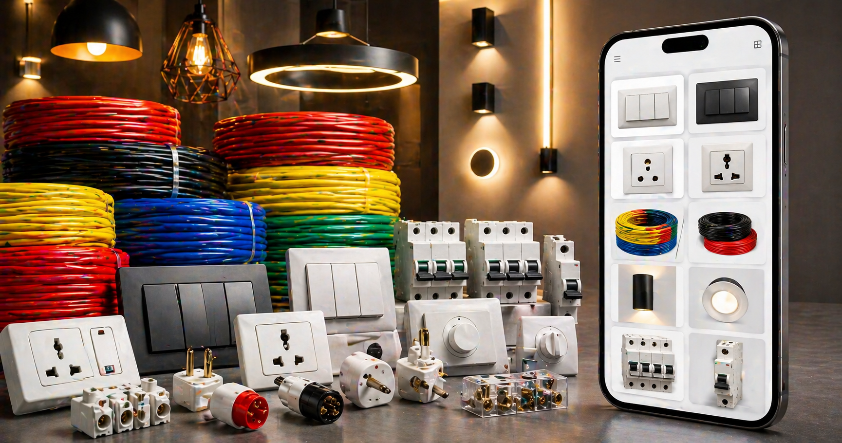 Lakshmi Electricals — WhatsApp catalog showing switches, MCBs, wires, decorative lighting on phone screen