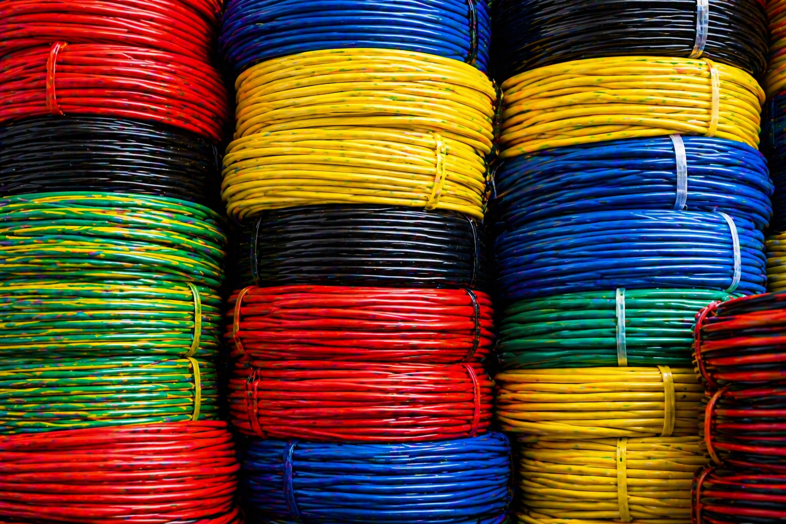 Colour-coded wire spool stack — house wiring + industrial cables